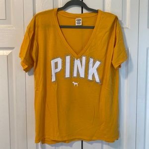 PINK v-neck tee shirts. 1 yellow & 1 black. Size large.